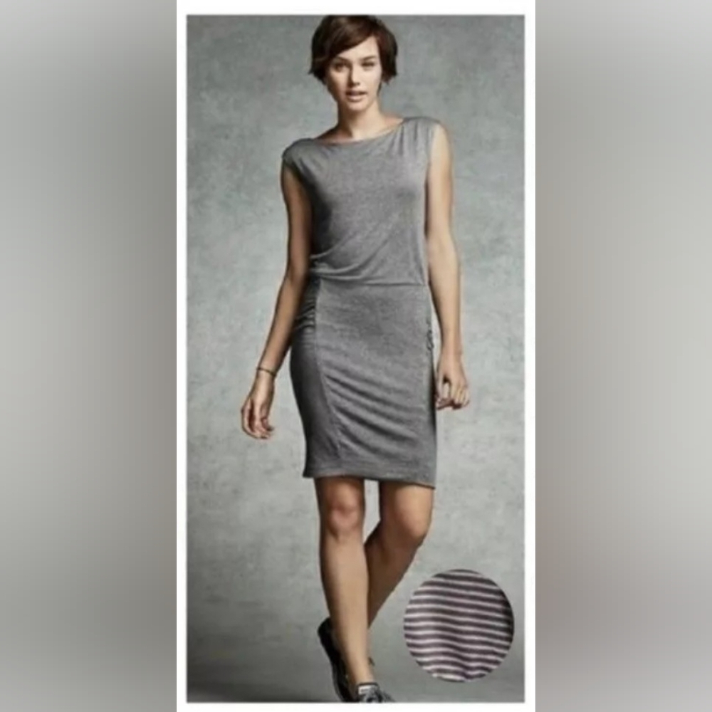 ATHLETA Westwood Micro Brown Stripe‎ Ruched Bodycon Stretch Sleeveless Dress M